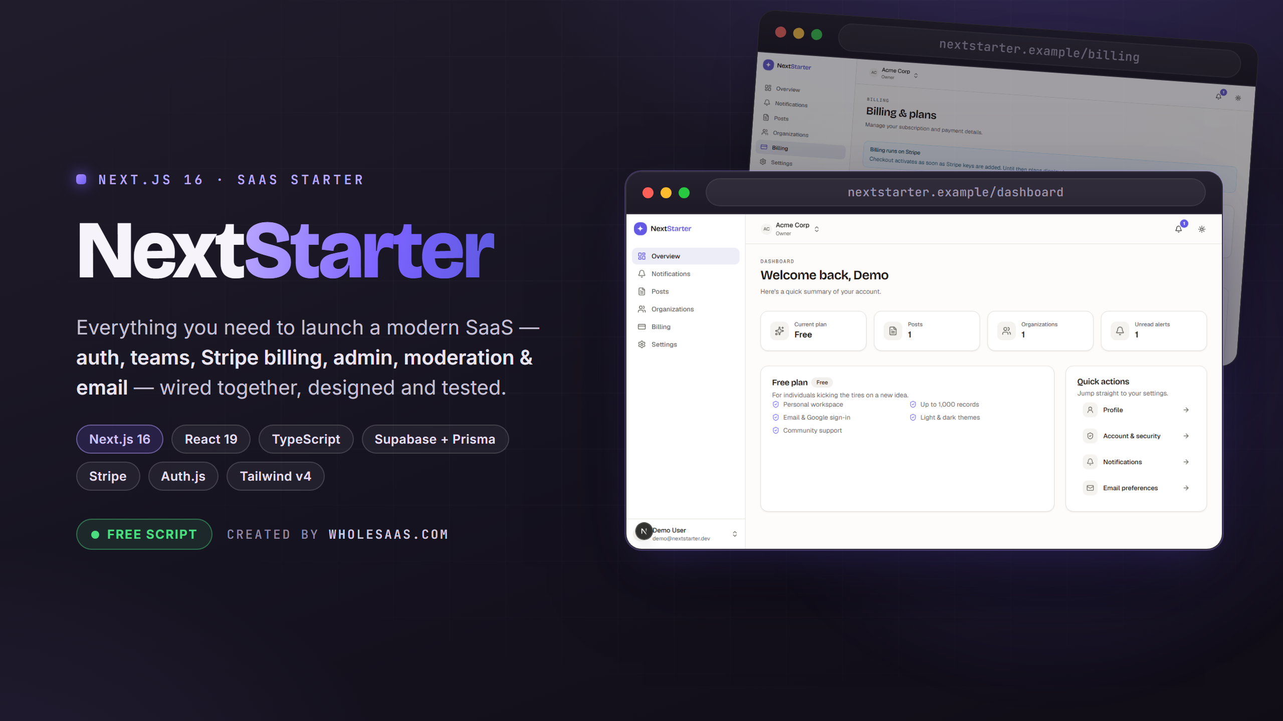 NextStarter — Production-Ready SaaS Starter (Next.js 16 · Supabase · Stripe) preview